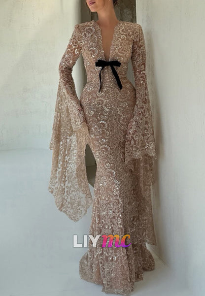 Sequin Lace Mermaid Gown with Dramatic Bell Sleeves