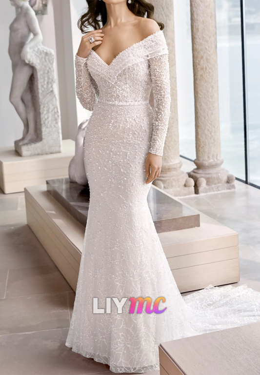 Off-the-Shoulder Long Sleeve Mermaid Wedding Dress