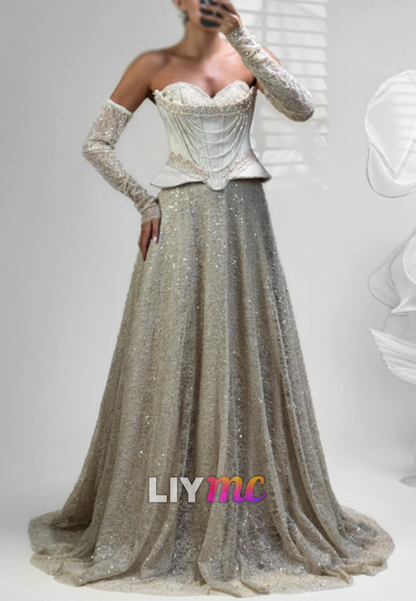 Corset Evening Gown with Beaded Sleeves