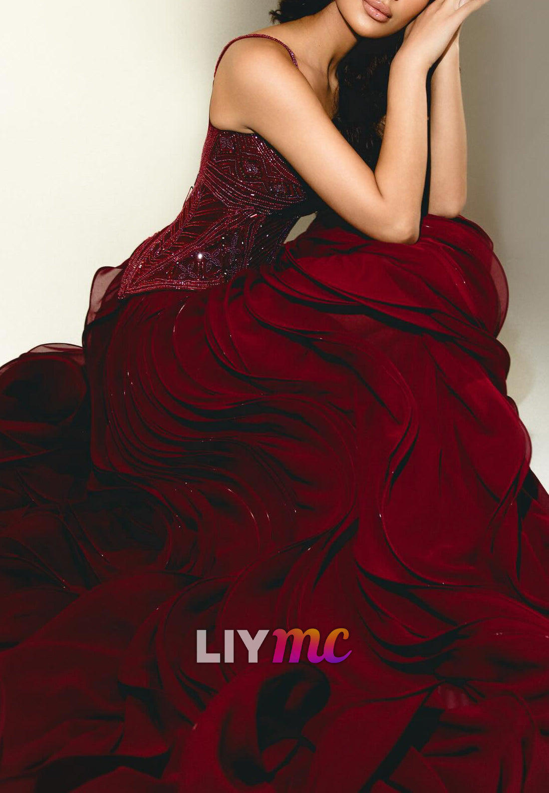 Beaded Corset Ball Gown with Cascading Ruffles