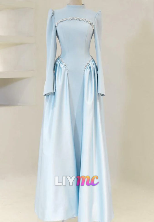 High-Neck Long-Sleeve Evening Gown with Beaded Waist