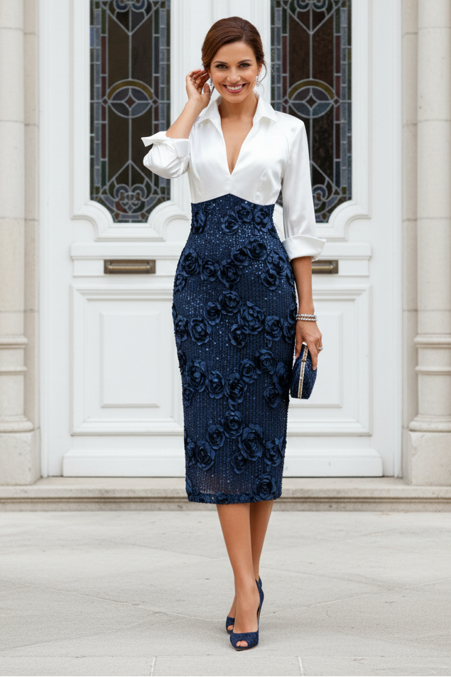 Collared Satin and 3D Floral Sequin Midi Dress