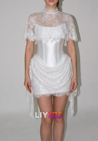 Corset Mini Dress with Lace Capelet