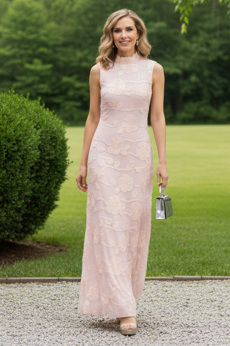 Floral Embroidered High Neck Sleeveless Maxi Dress