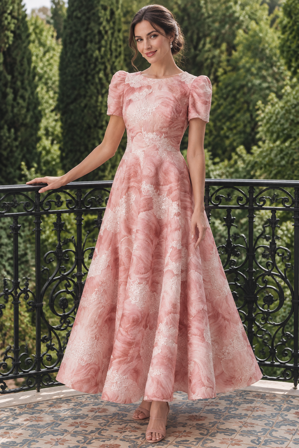 Embroidered Puff Sleeve A-Line Midi Dress