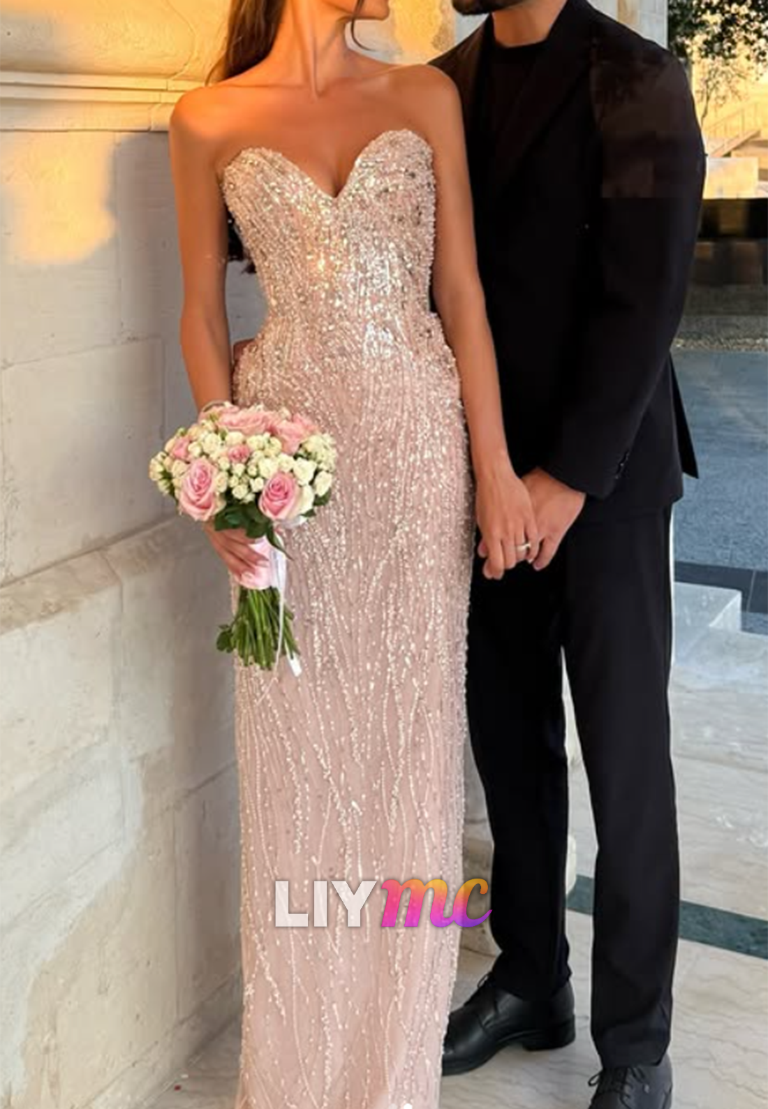 Strapless Beaded Column Evening Dress