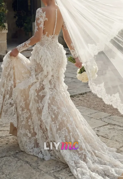 Long Sleeve Illusion Lace Mermaid Wedding Gown