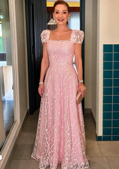 Embroidered Square Neck A-Line Gown with Cap Sleeves