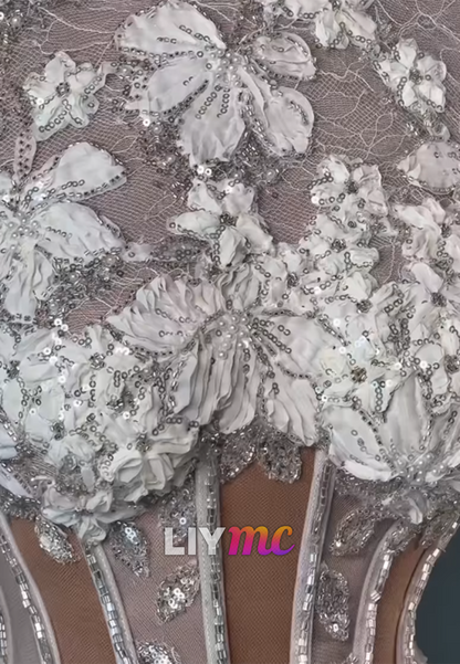 3D Floral Beaded Corset Gown with Long Sleeves
