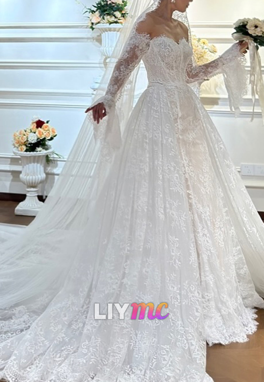 Off Shoulder Long Sleeve Lace Mermaid Wedding Gown