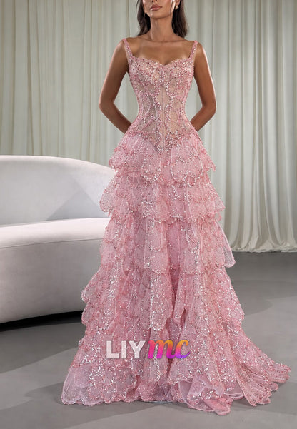 Tiered Sequin Evening Gown with Corset Bodice