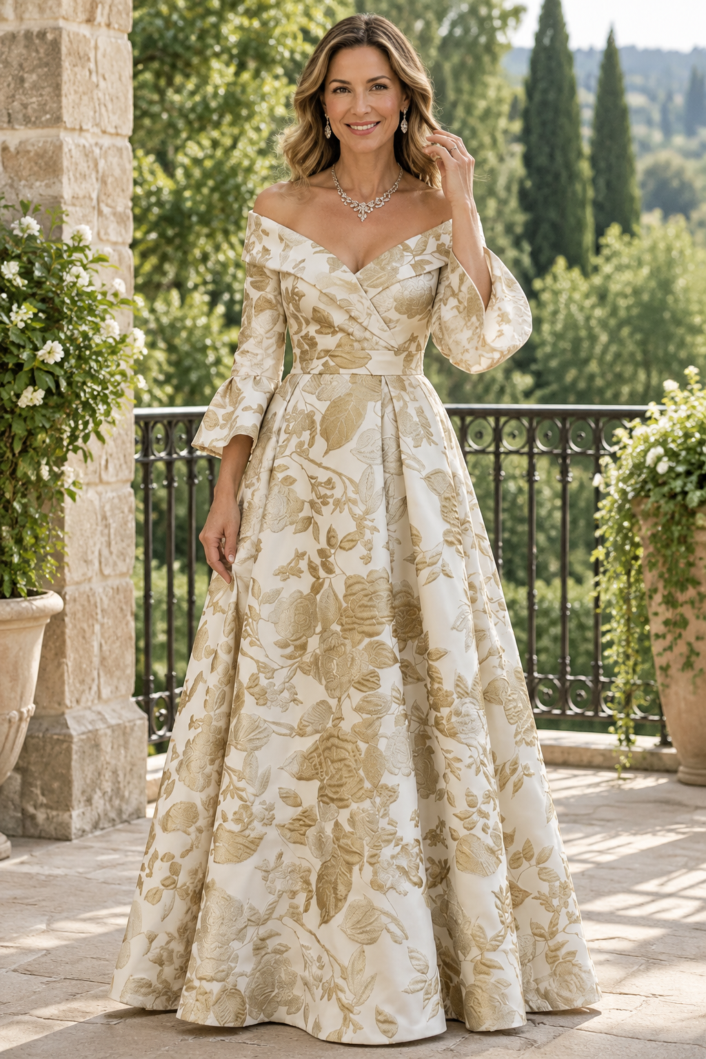 Floral Jacquard Off-the-Shoulder A-Line Gown