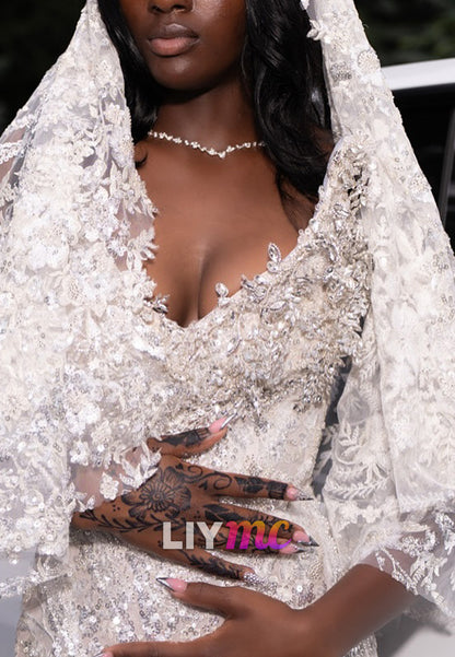 Embellished Lace Sheath Gown with Hooded Cape