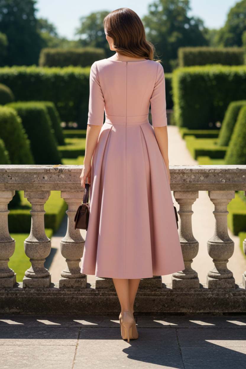 Bateau Neck Pleated A-Line Midi Dress with Half Sleeves