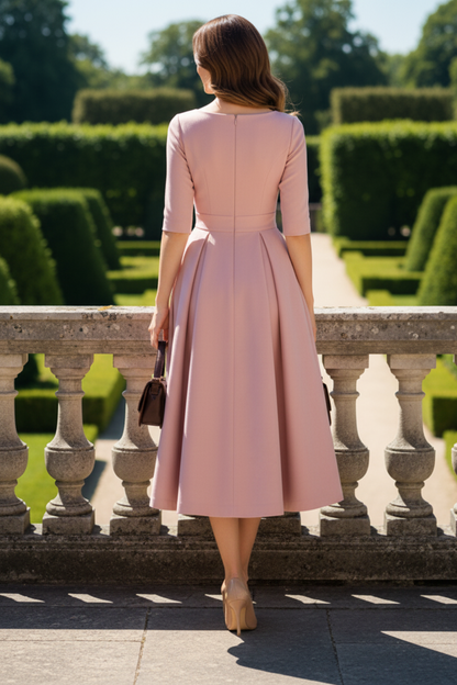 Bateau Neck Pleated A-Line Midi Dress with Half Sleeves