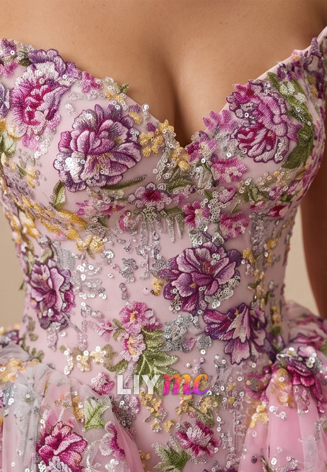 Strapless Floral Embroidered Tulle Mini Dress