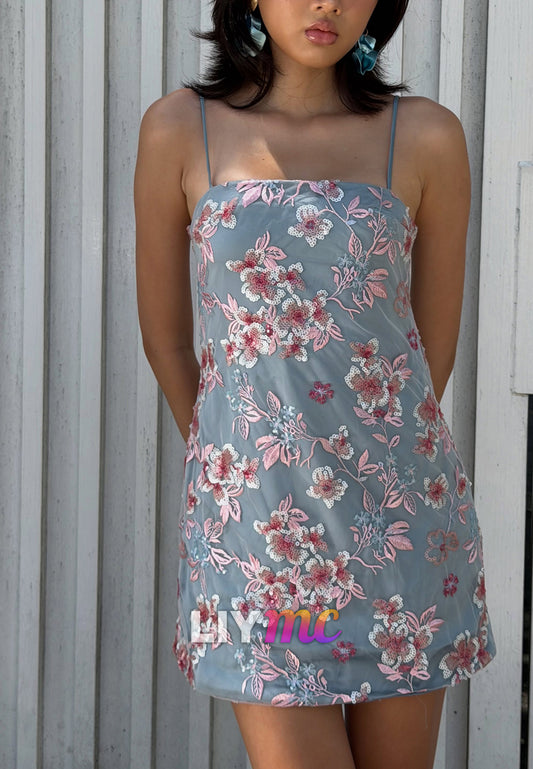 Floral Embroidered Sequin Mini Slip Dress
