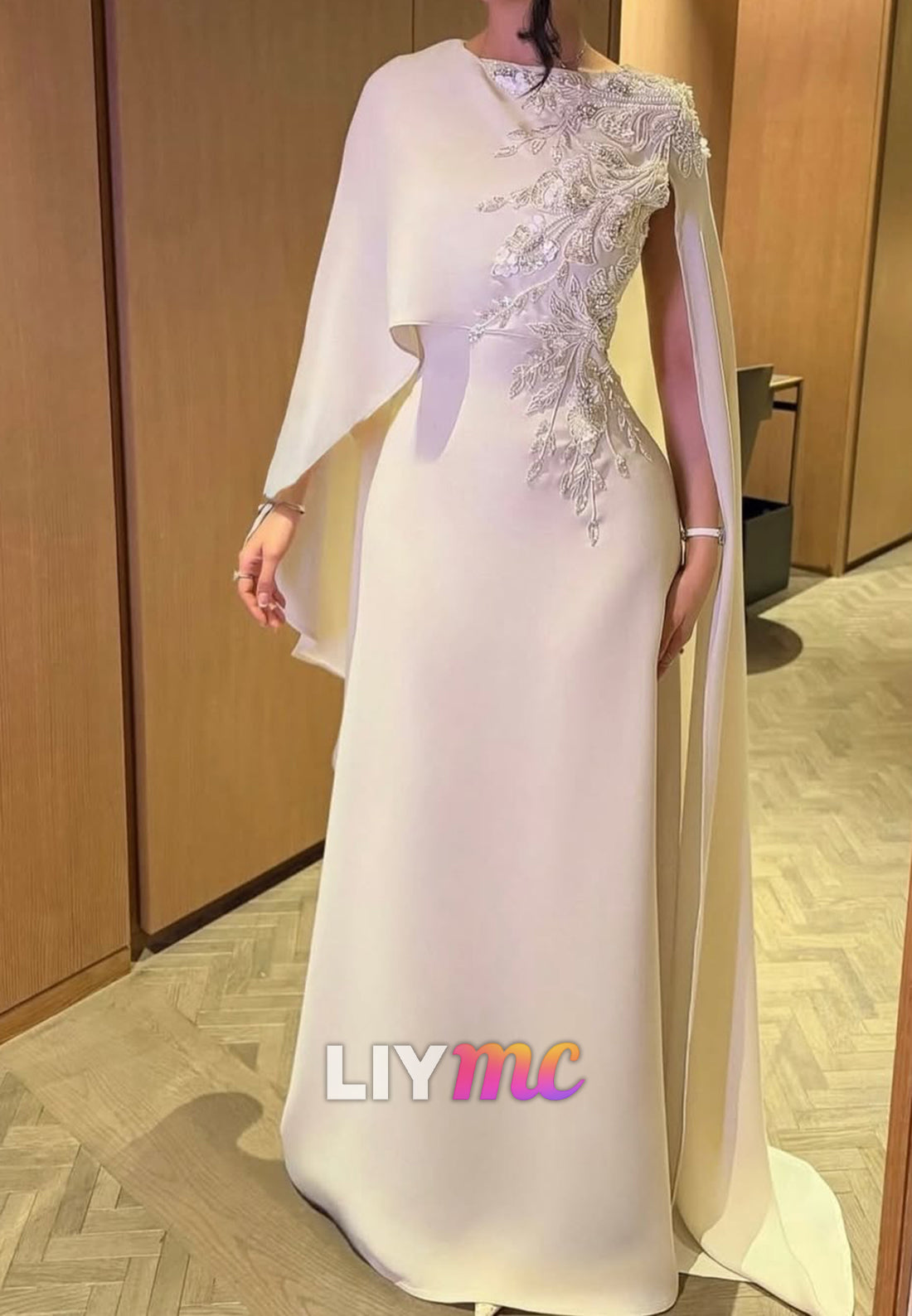 Asymmetric Cape Beaded Evening Gown