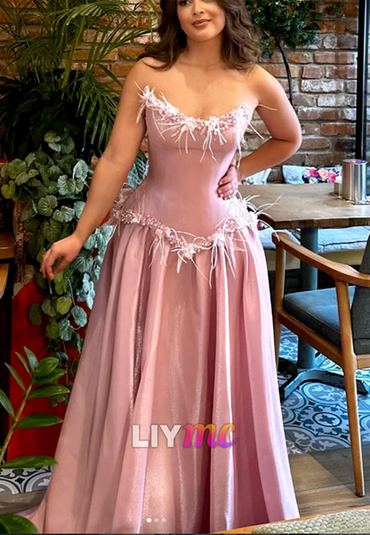 Strapless Gown with Feather and Pearl Trim
