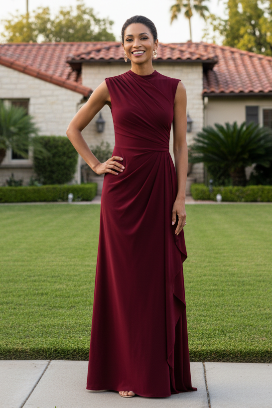 Asymmetrical Ruched High-Neck Evening Gown