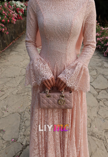 High Neck Lace A-Line Gown with Bell Sleeves