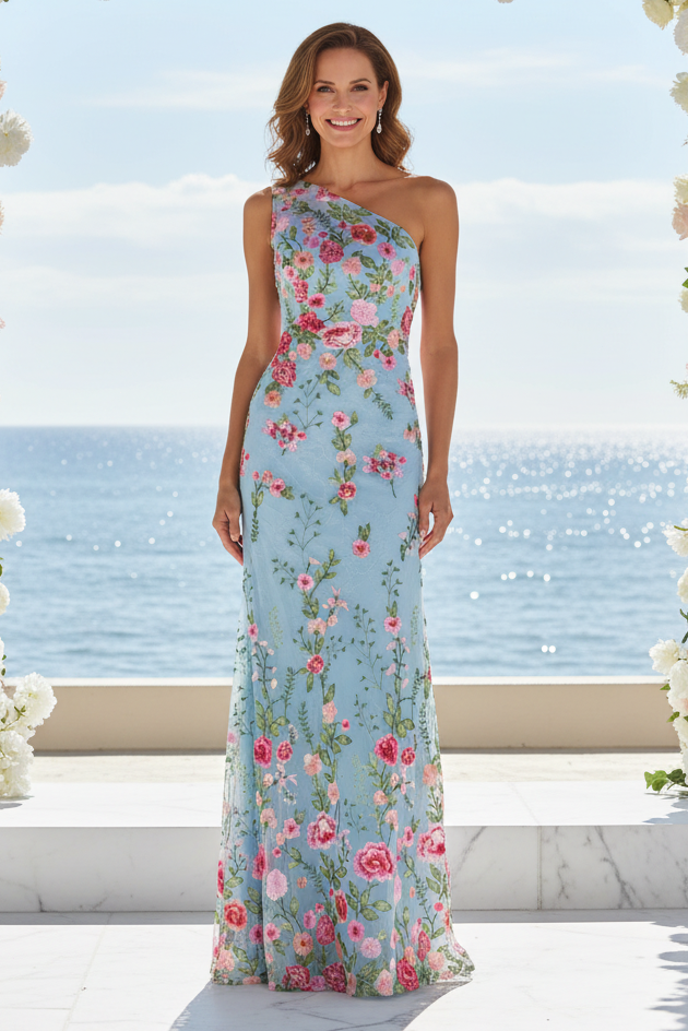 One Shoulder Floral Embroidered Evening Gown