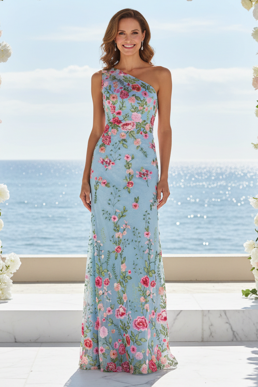 One Shoulder Floral Embroidered Evening Gown