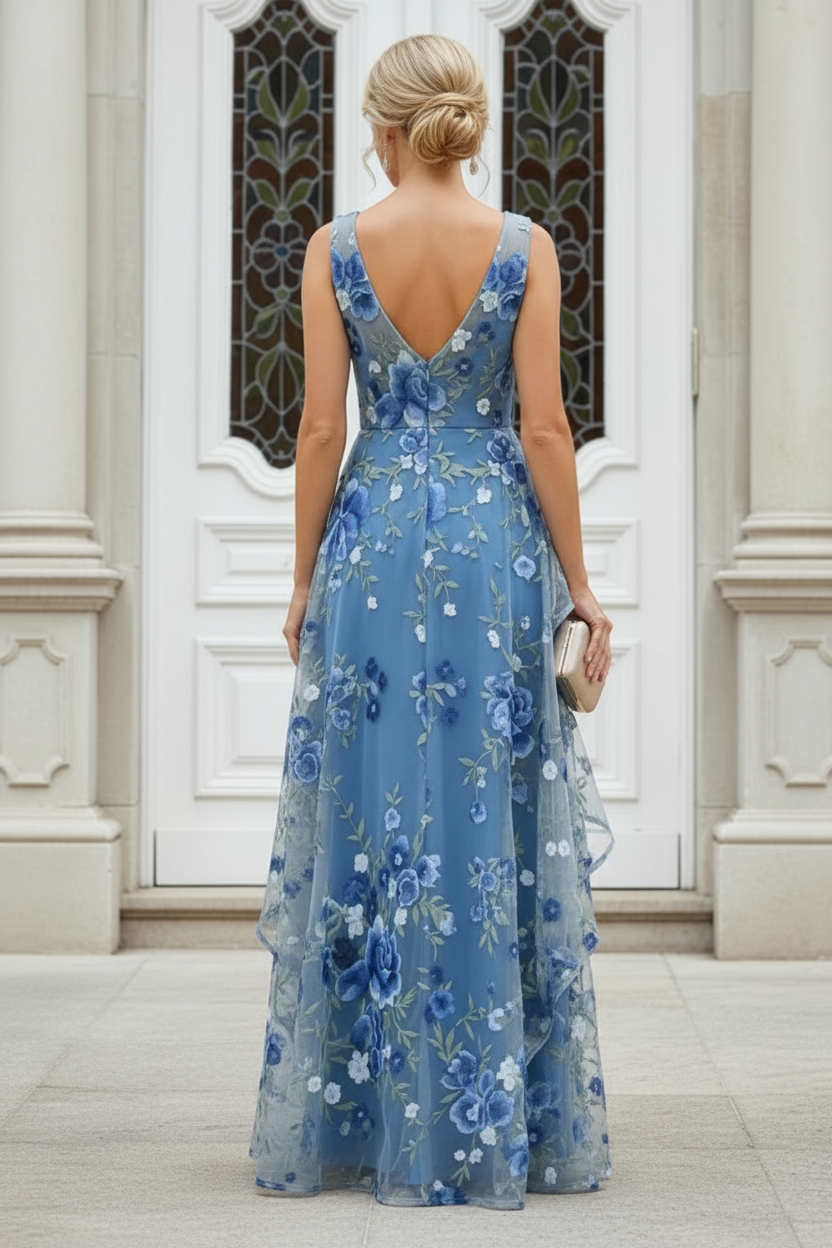 Embroidered Floral Tiered Ruffle A-Line Gown