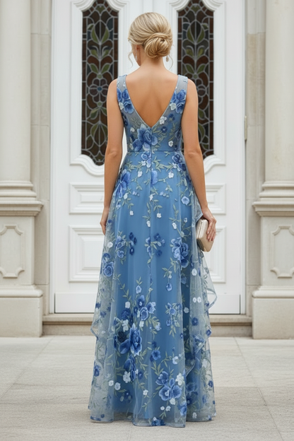 Embroidered Floral Tiered Ruffle A-Line Gown