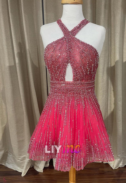 Halter Keyhole Beaded Mini Dress