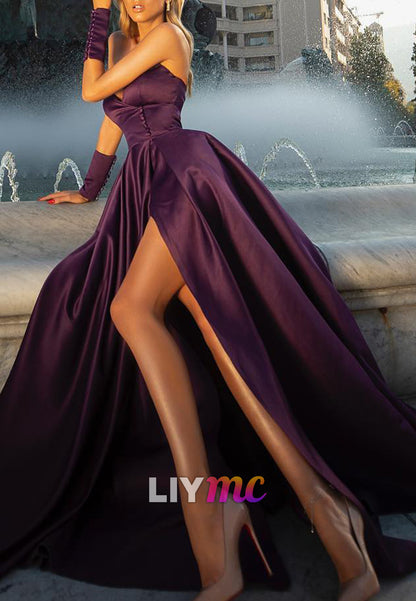 Strapless Satin Ball Gown with High Slit