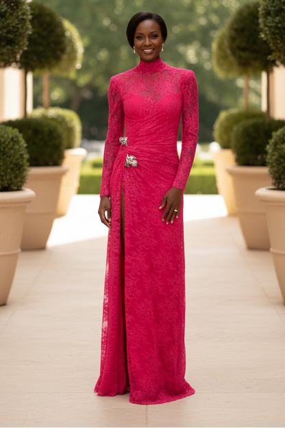 High Neck Lace Gown with Slit & Crystal Brooches
