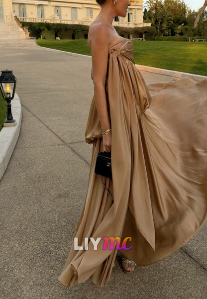 Strapless Ruched Satin Maxi Dress with Bubble Waist