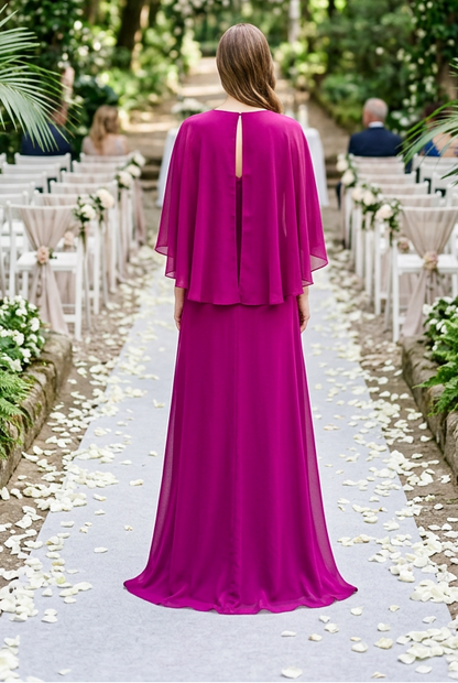 Chiffon Cape Evening Gown with Ruched Waist