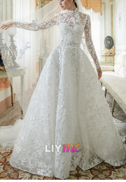 Illusion Lace Long-Sleeve Wedding Gown with High Neckline