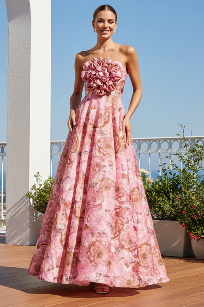 Strapless Floral A-Line Gown with 3D Flower