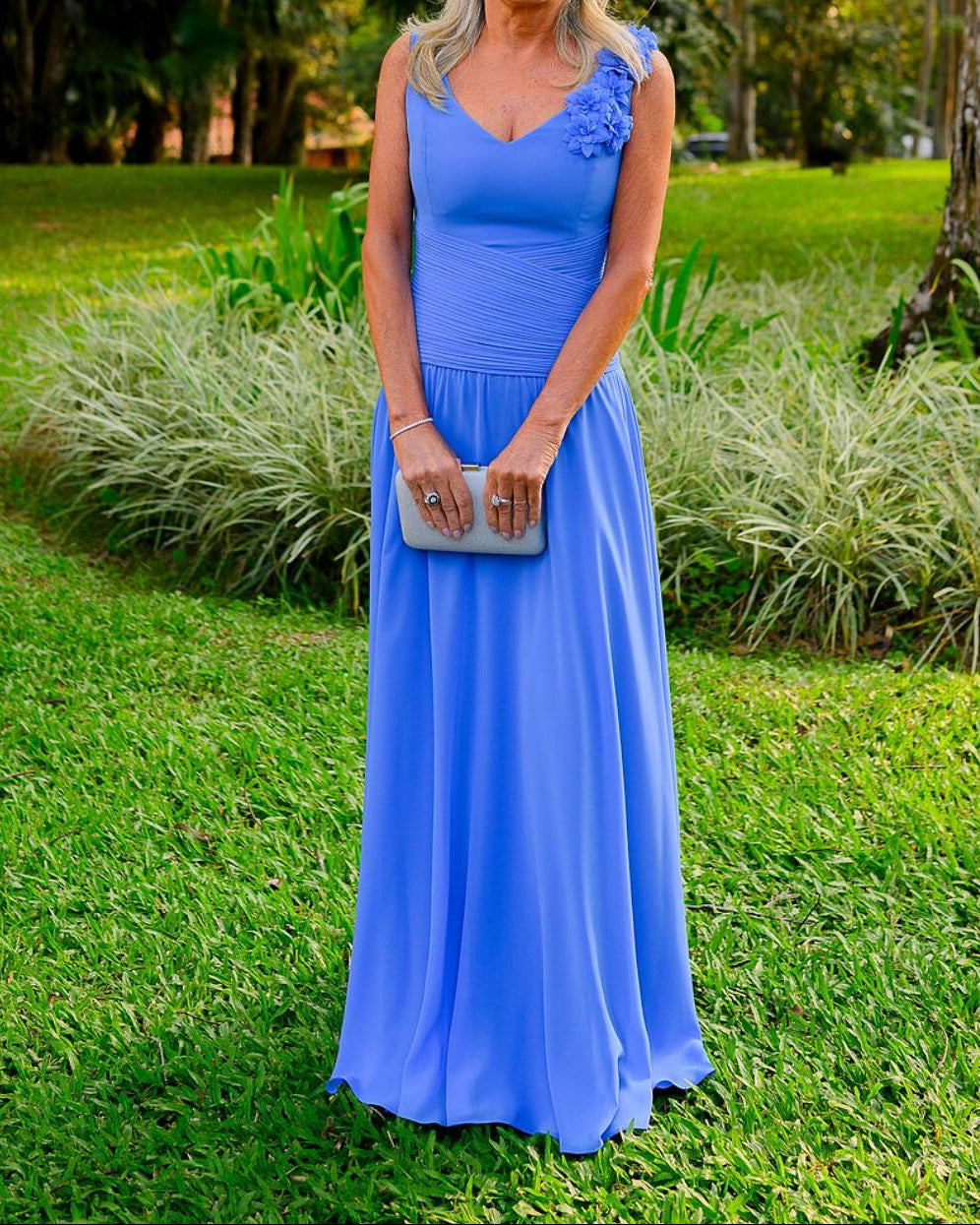 A-Line Gown with Ruched Bodice and Floral Detail