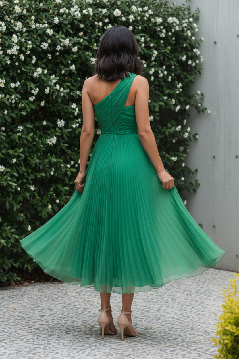 One-Shoulder Pleated Chiffon Midi Dress