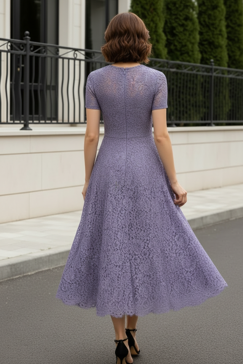 Short Sleeve A-Line Lace Midi Dress