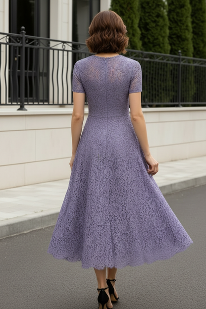 Short Sleeve A-Line Lace Midi Dress