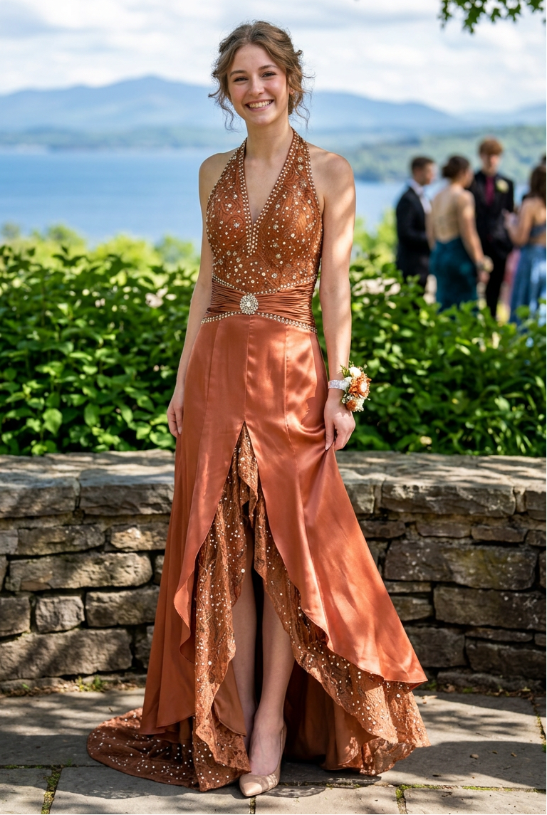 Halter Beaded Evening Gown with Lace Train