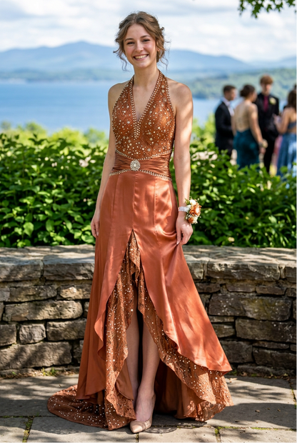Halter Beaded Evening Gown with Lace Train