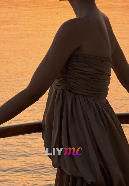 Strapless Ruched Satin Maxi Dress with Bubble Waist