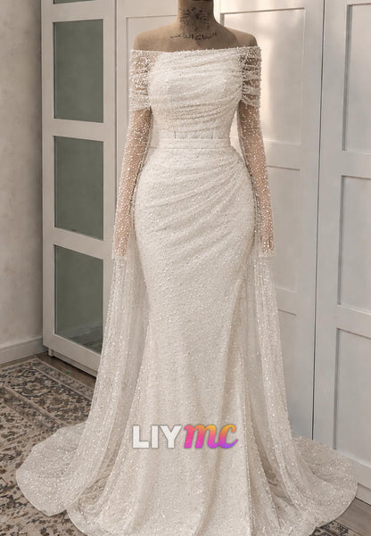 Off Shoulder Pearl Beaded Mermaid Wedding Gown