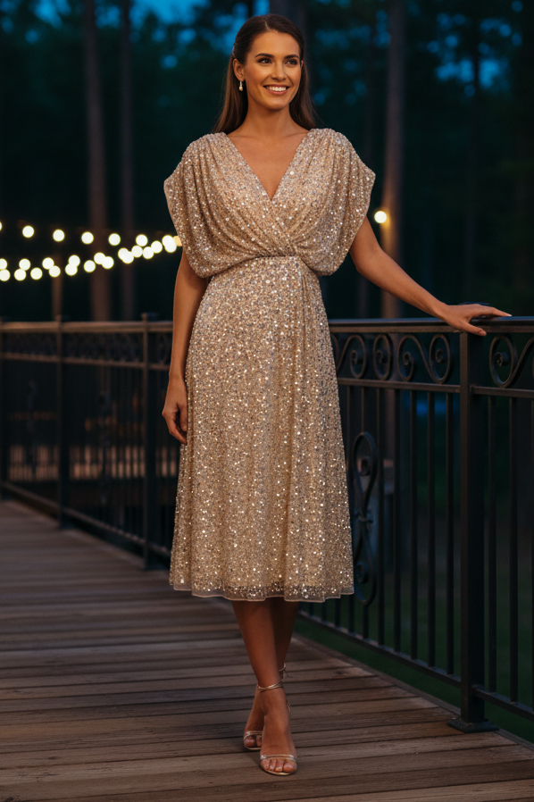 Sequin Draped Bodice V-Neck Midi Dress
