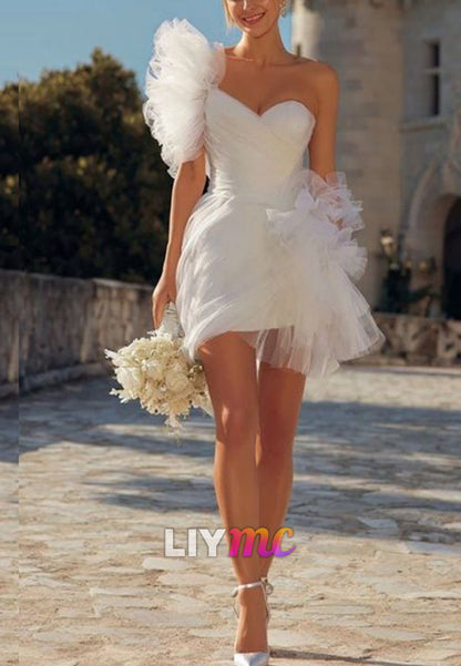 One Shoulder Ruffle Tulle Mini Wedding Dress