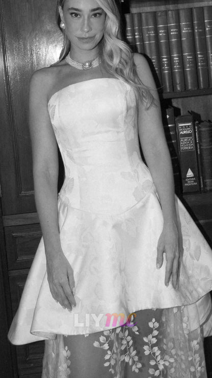 Strapless Jacquard High-Low Gown with Sheer Skirt