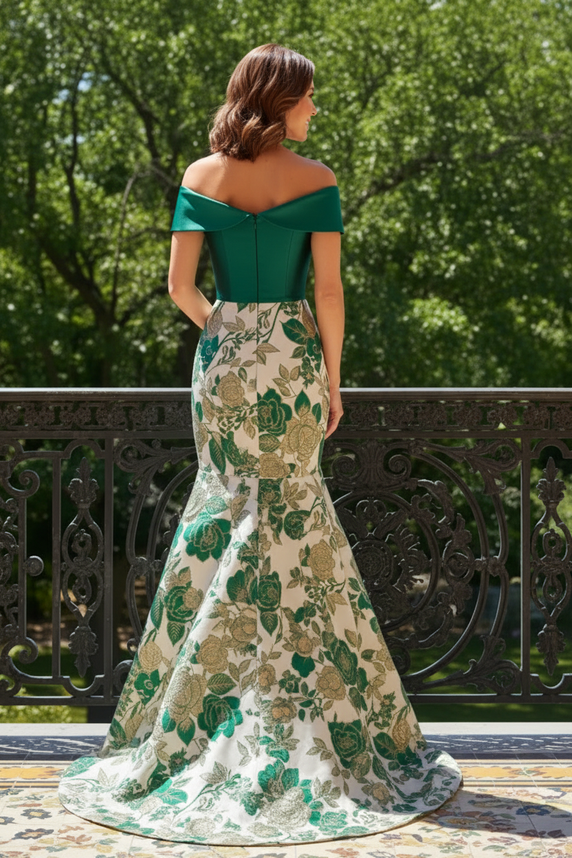 Off-the-Shoulder Floral Jacquard Mermaid Gown