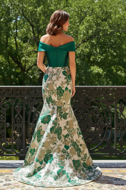 Off-the-Shoulder Floral Jacquard Mermaid Gown