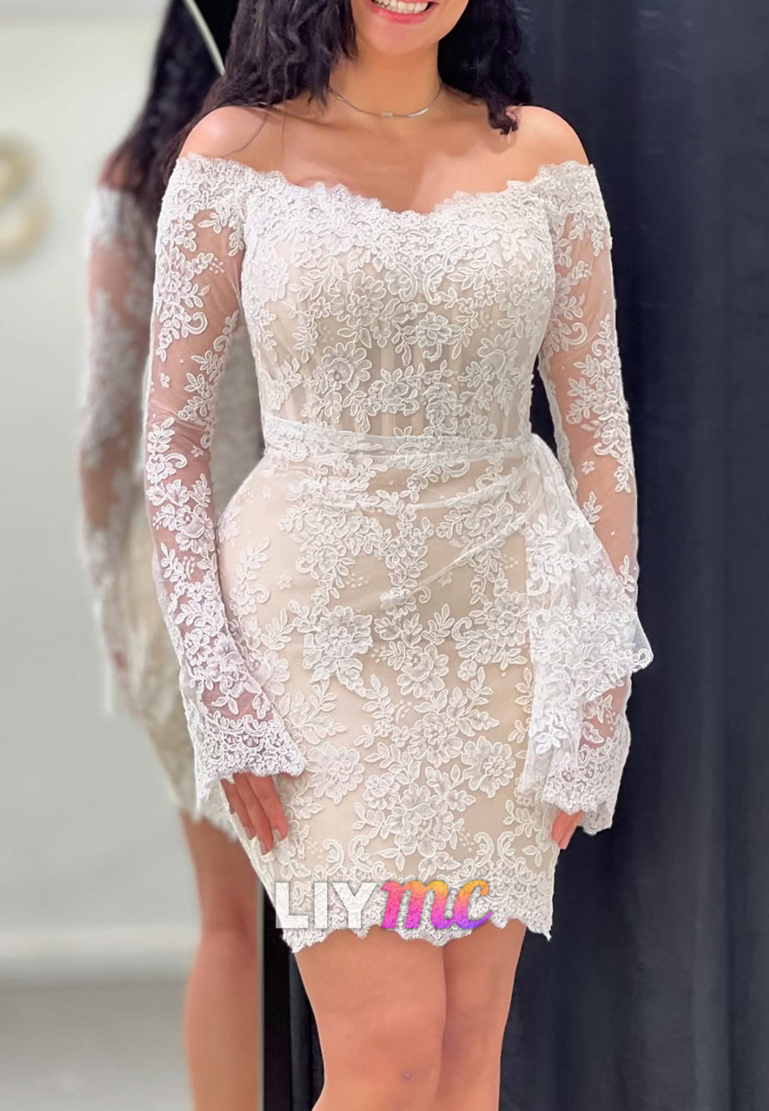 Off-the-Shoulder Lace Mini Dress with Side Drape